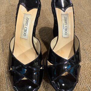 Jimmy Choo Black Leather Espadrille Wedges